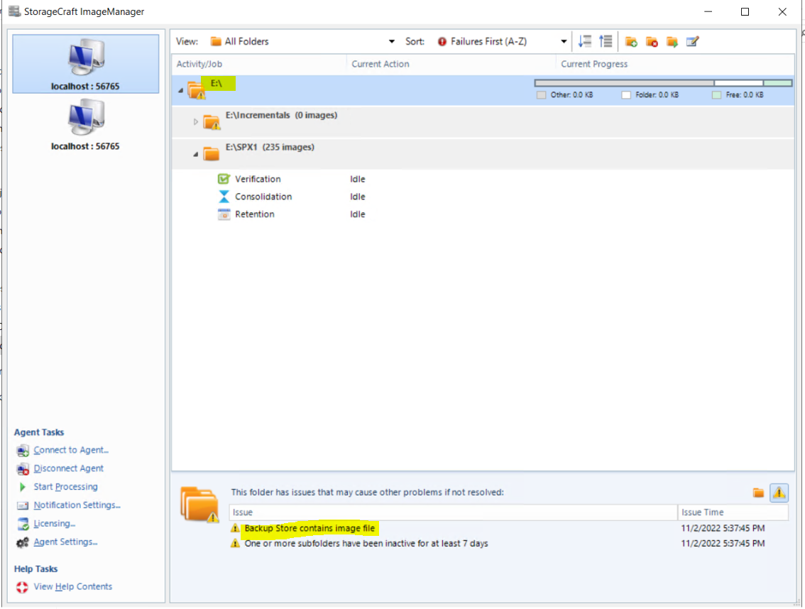 ImageManager Warning on a managed folder Backup Store contains