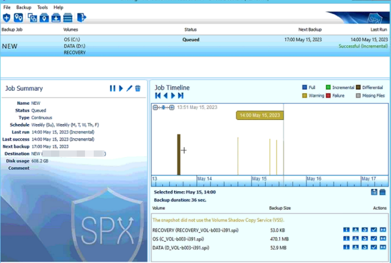 SPX Backup completed with the warning The snapshot did not use the